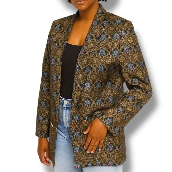 Vintage 90s Black Oversized Brocade Jacquard Blazer Metallic Statement Jacket - Picture 1 of 12
